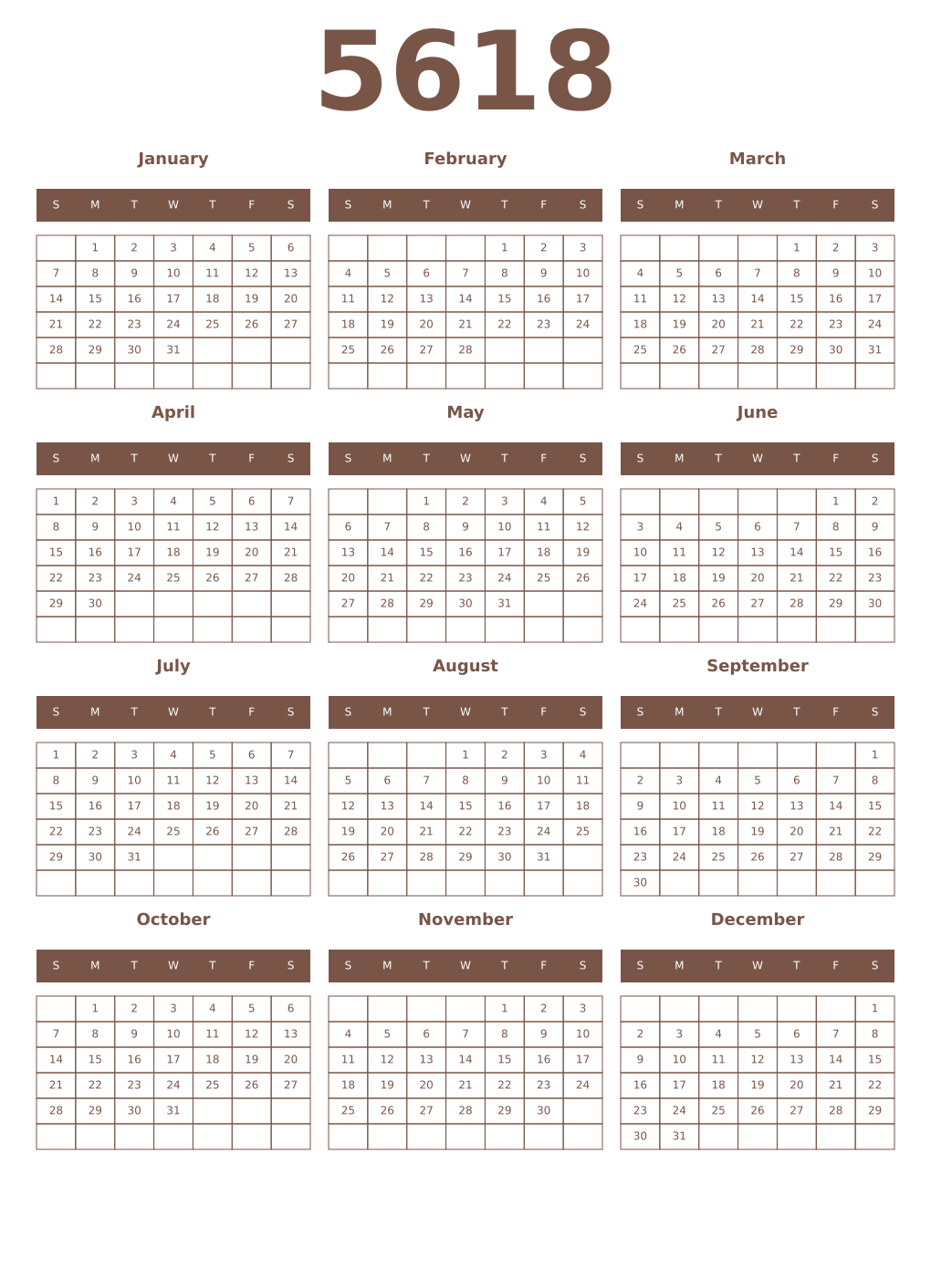Printable 5618 Year Calendars coffe