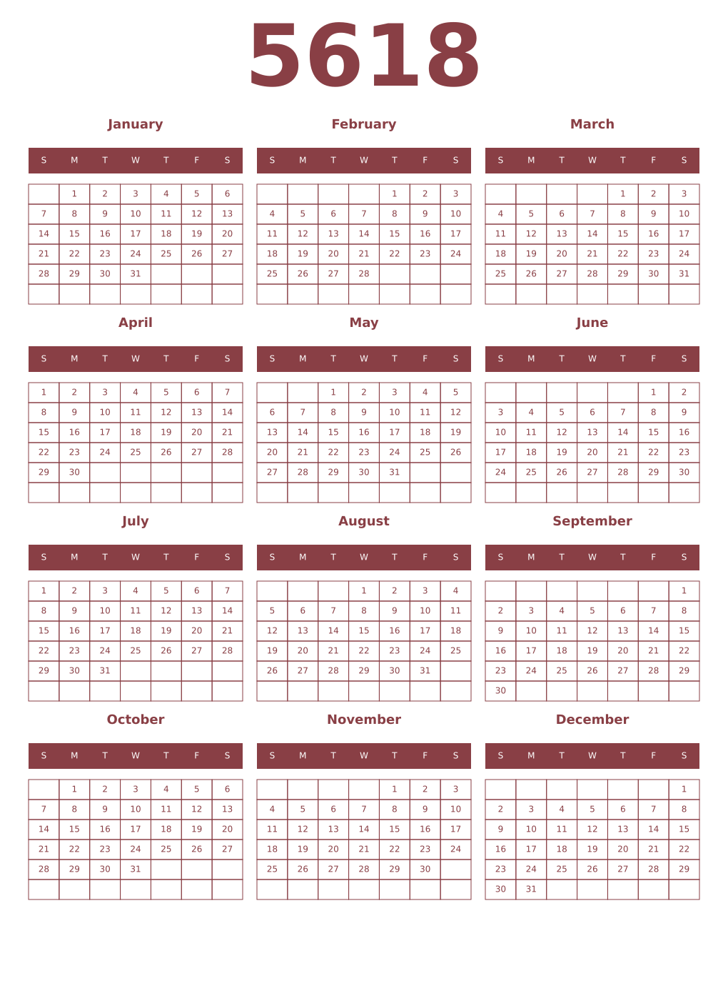 Printable 5618 Year Calendars cordovan