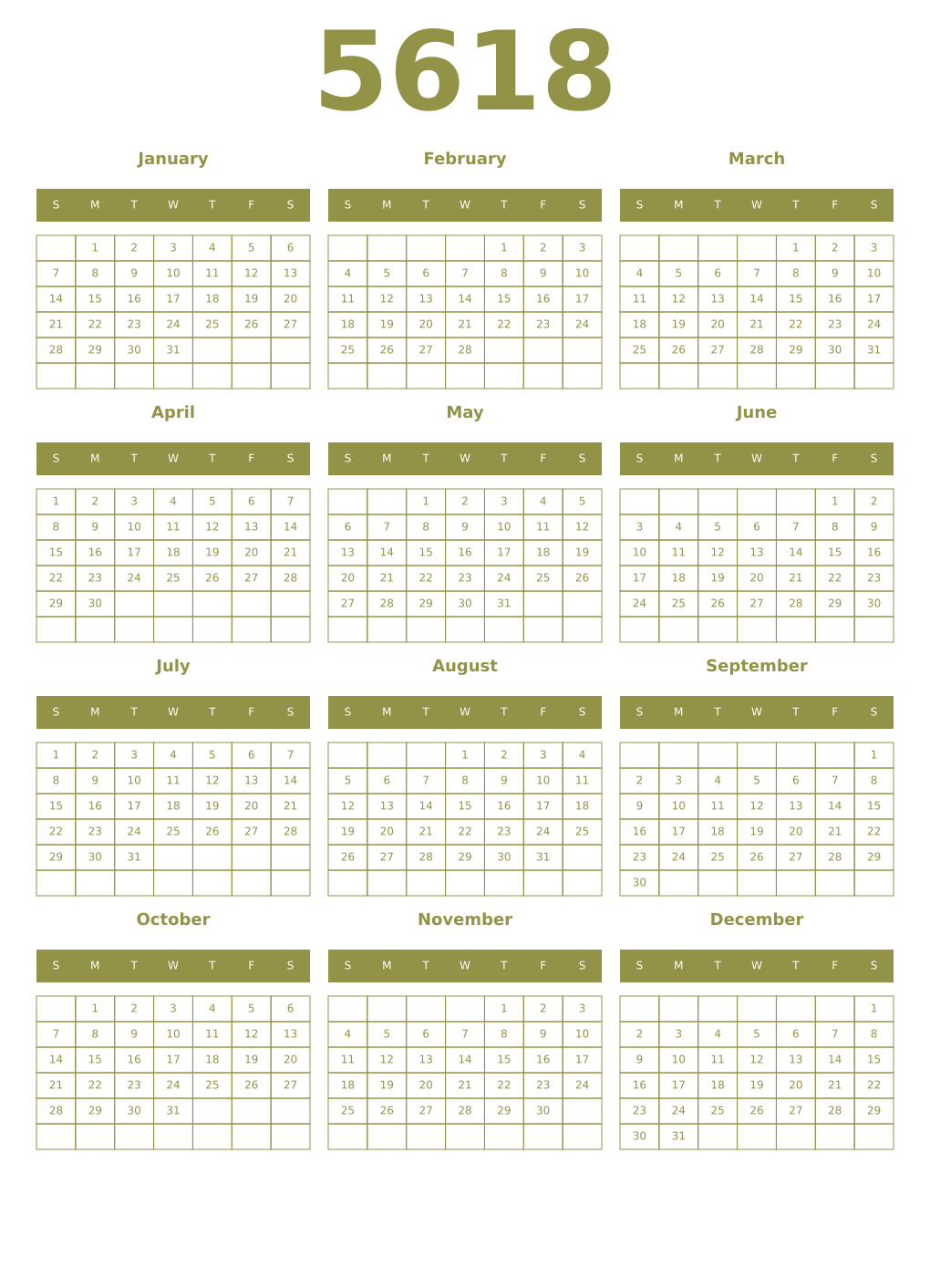 Printable 5618 Year Calendars eburnean