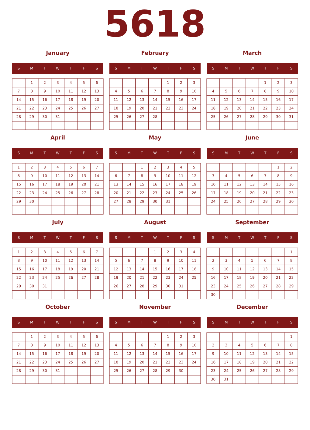 Printable 5618 Year Calendars falu