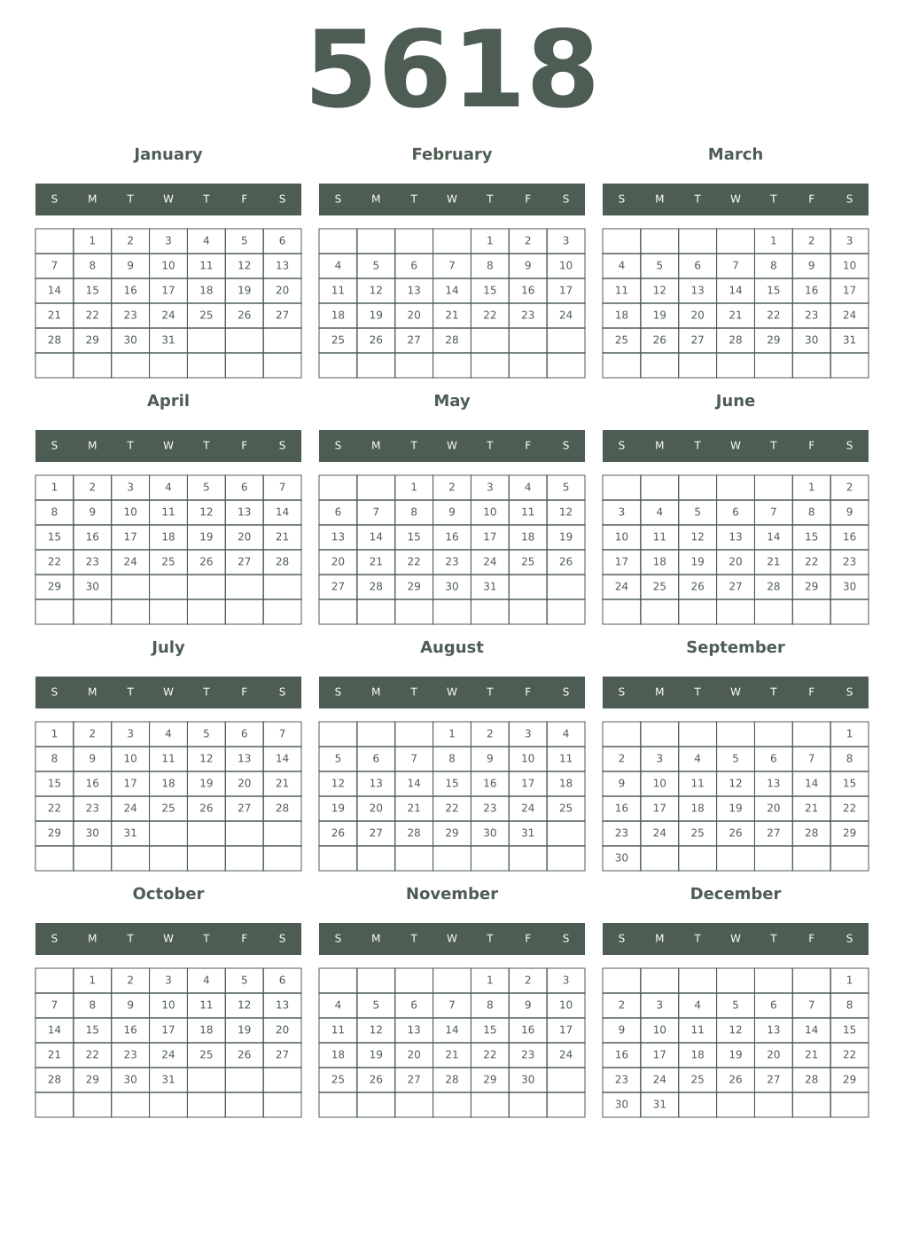 Printable 5618 Year Calendars feldgrau