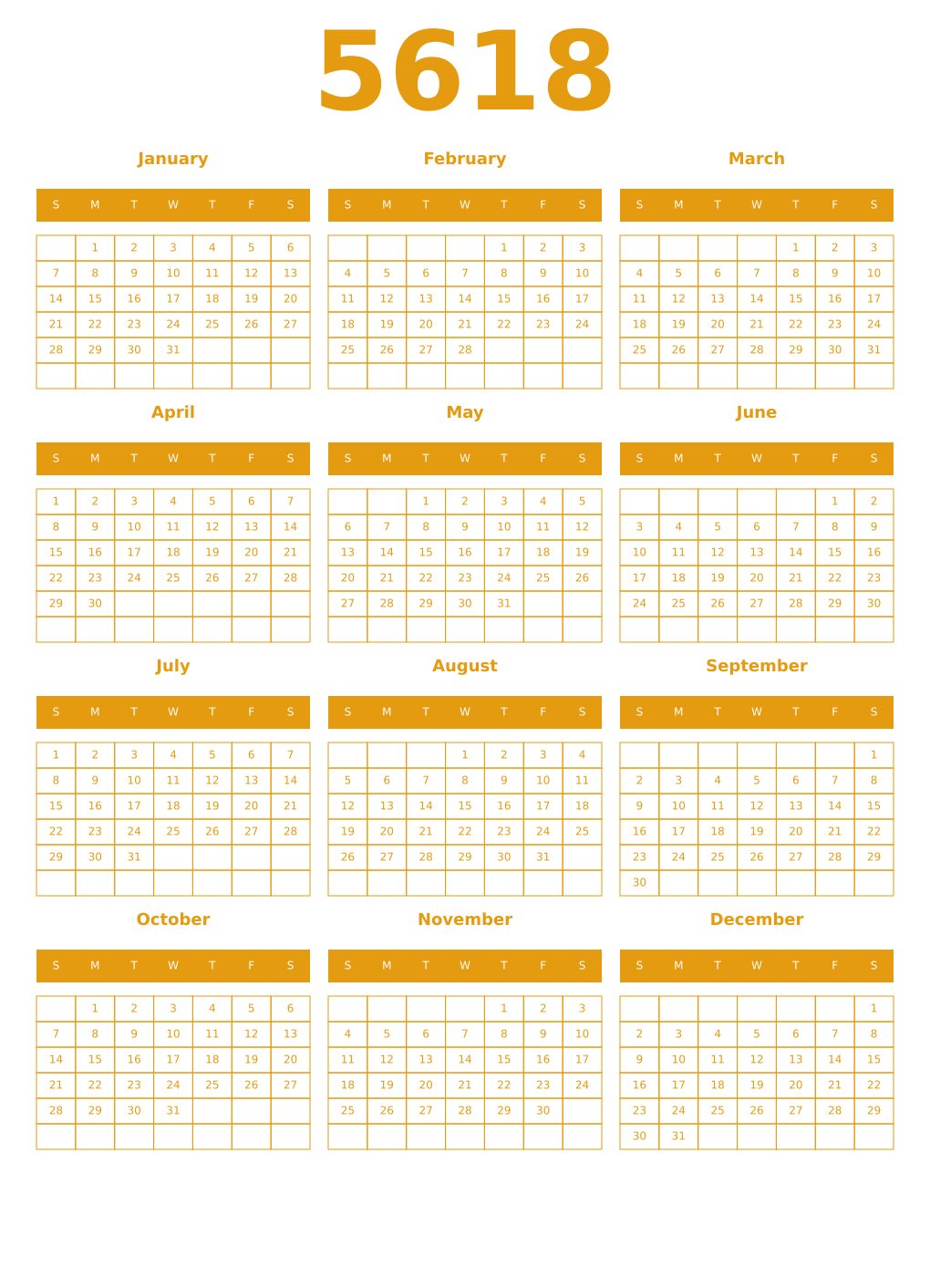 Printable 5618 Year Calendars gamboge