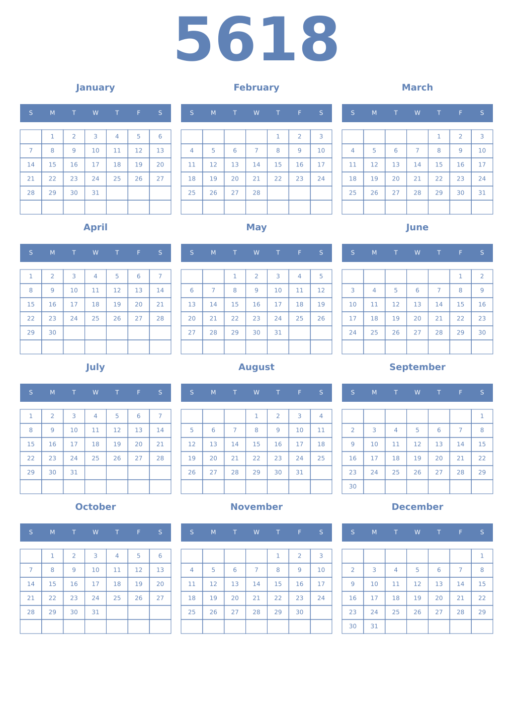 Printable 5618 Year Calendars glaucous