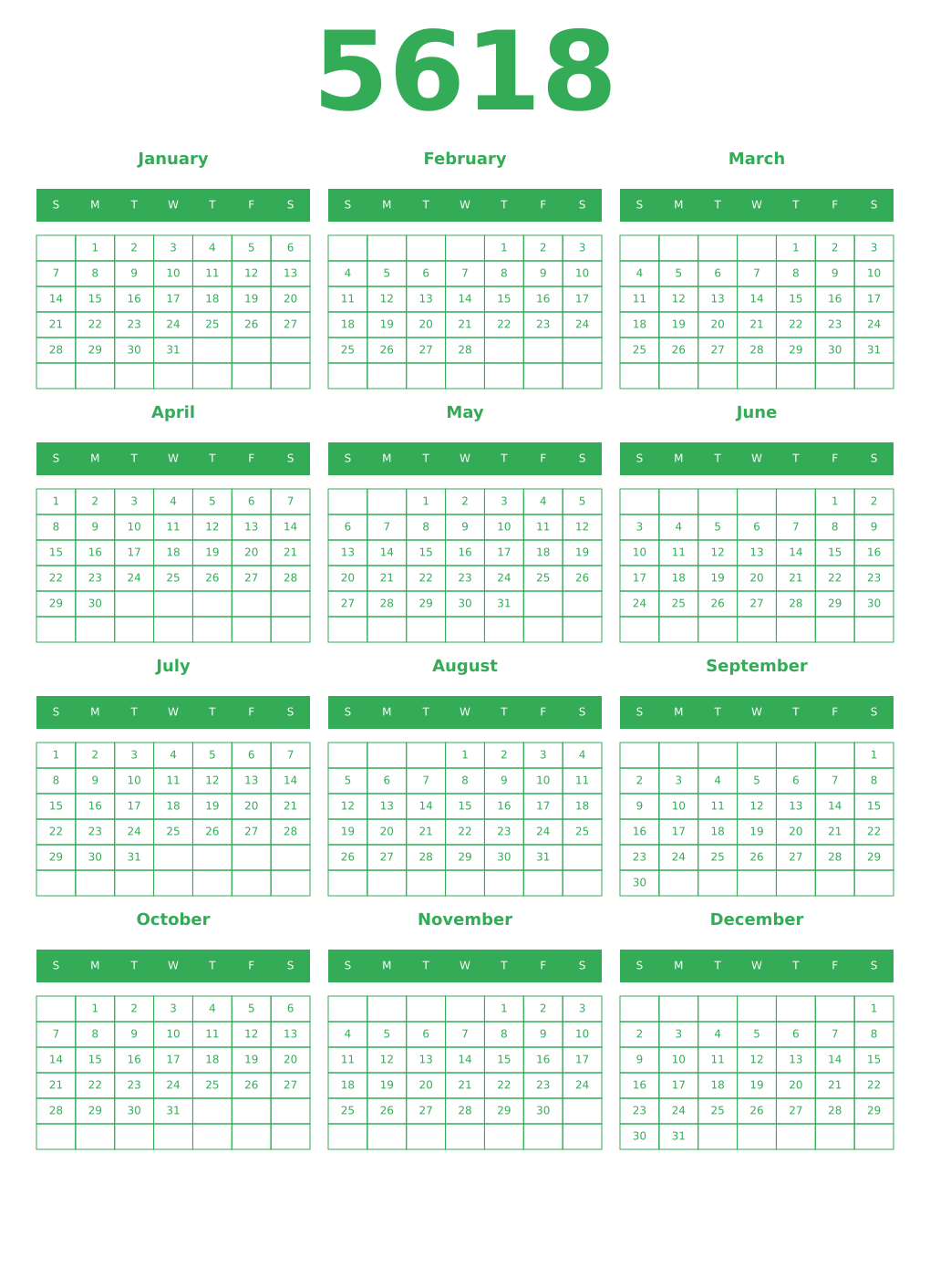 Printable 5618 Year Calendars green