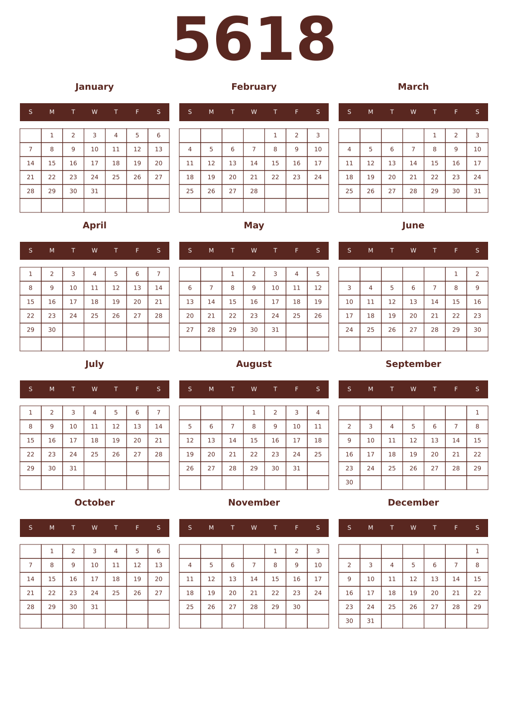 Printable 5618 Year Calendars mortuum