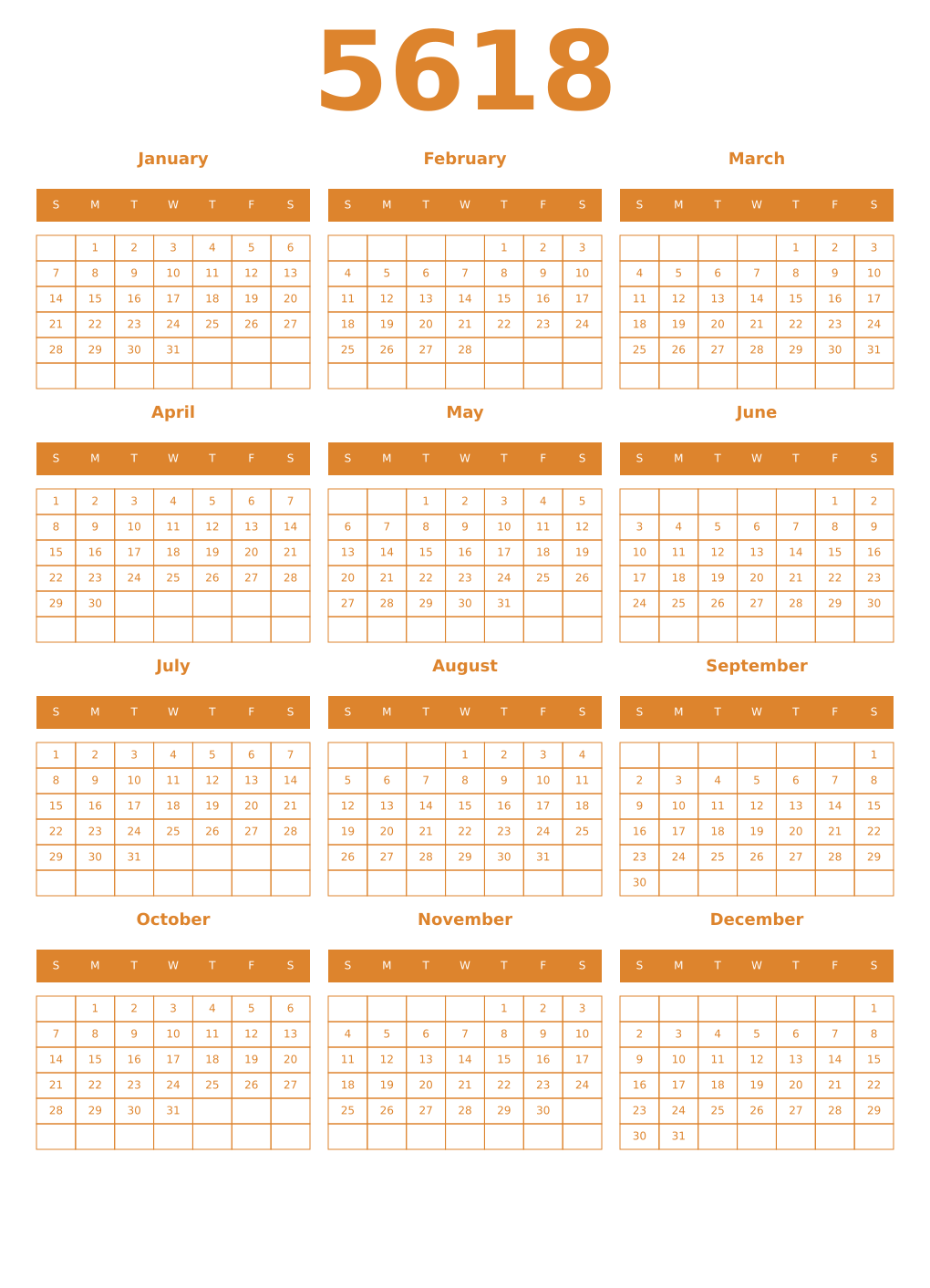 Printable 5618 Year Calendars orange