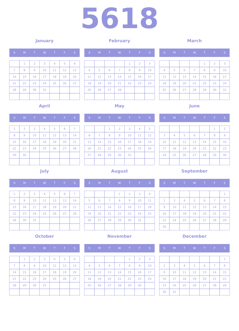 Printable 5618 Year Calendars periwinkle