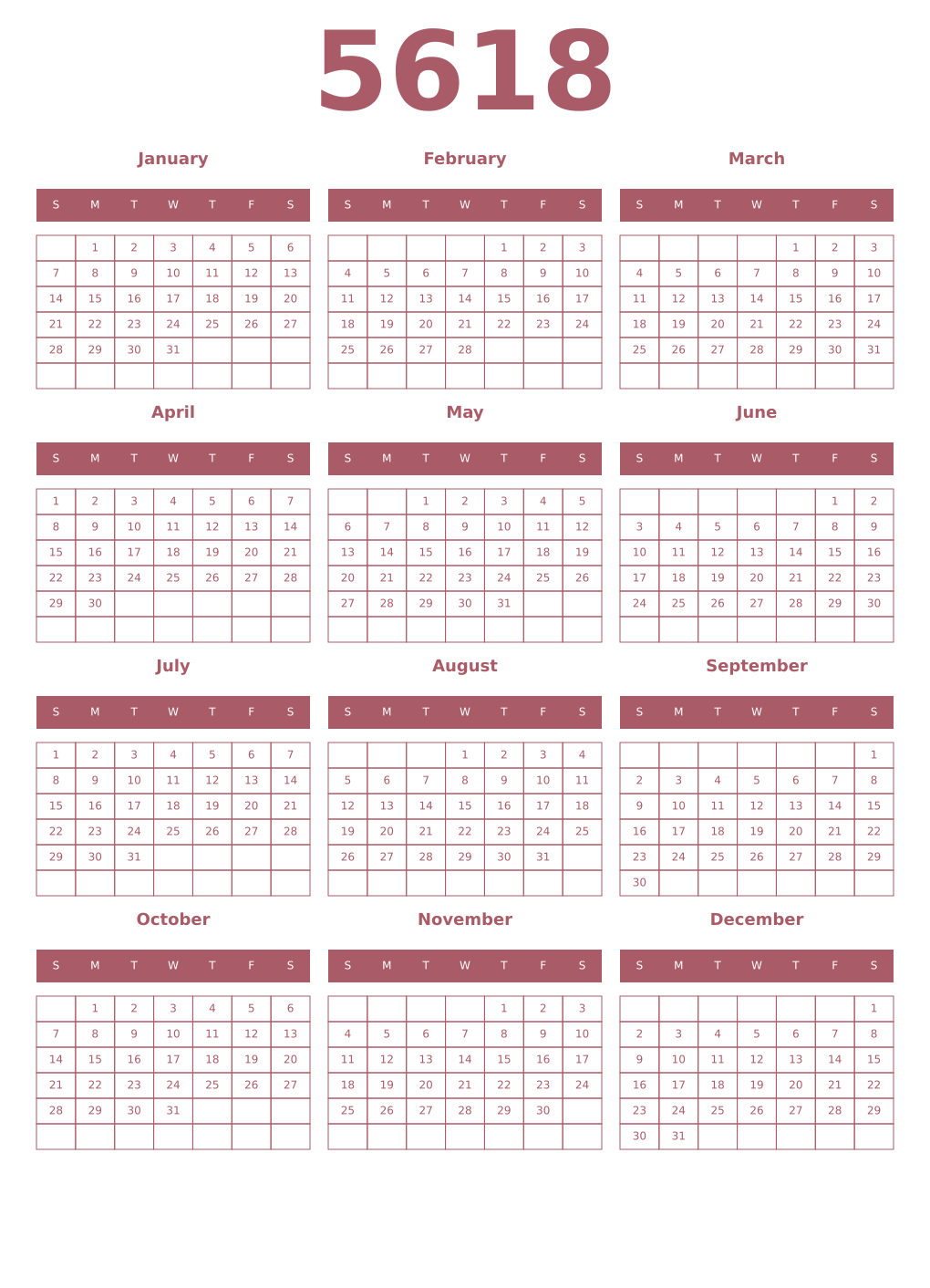 Printable 5618 Year Calendars puce