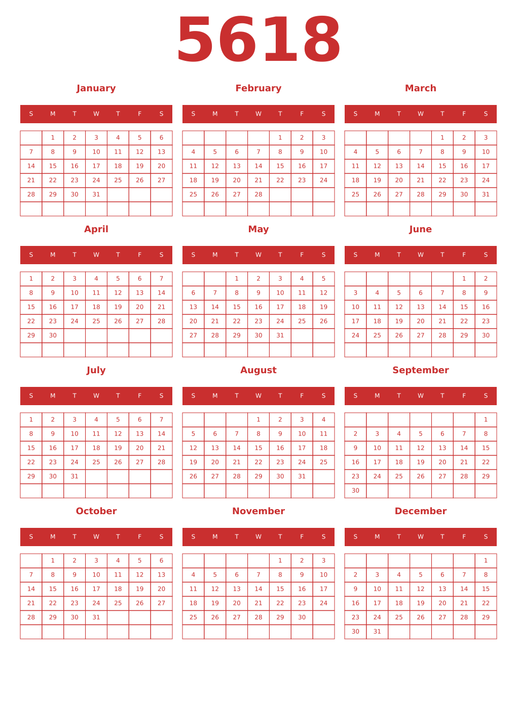 Printable 5618 Year Calendars red