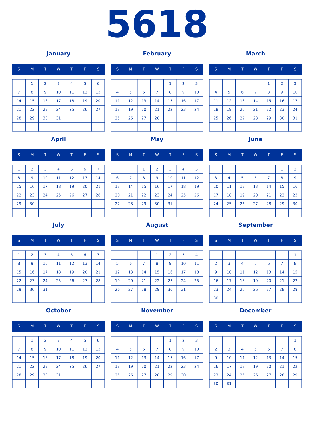 Printable 5618 Year Calendars smalt