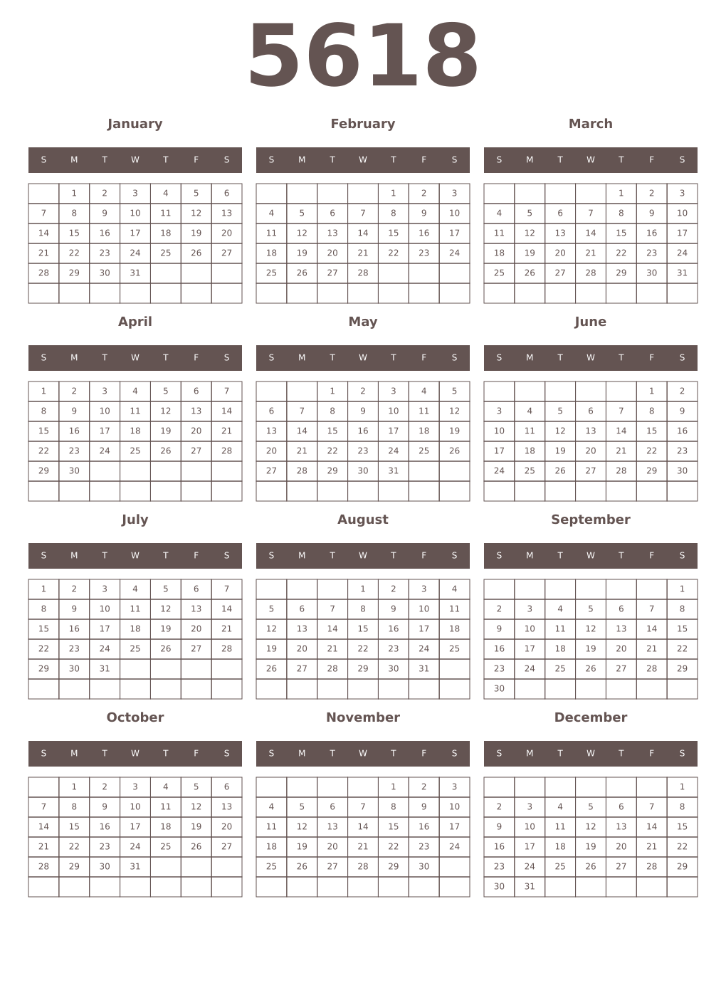 Printable 5618 Year Calendars wenge