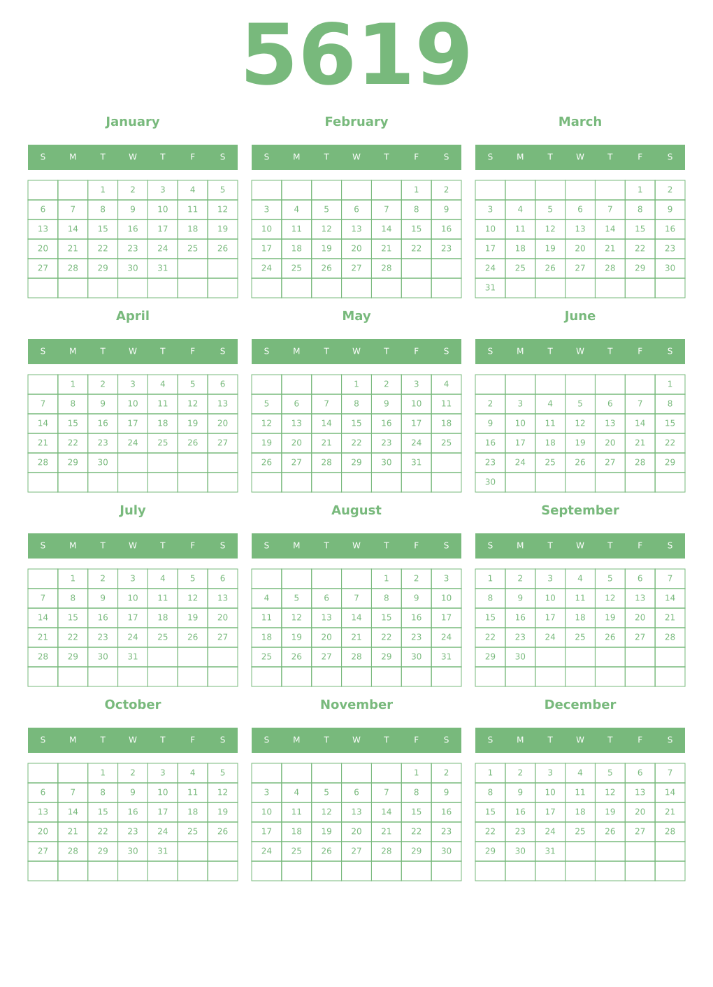 Printable 5619 Year Calendars celadon