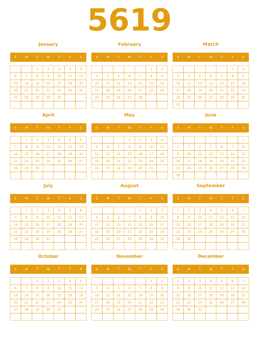 Printable 5619 Year Calendars gamboge
