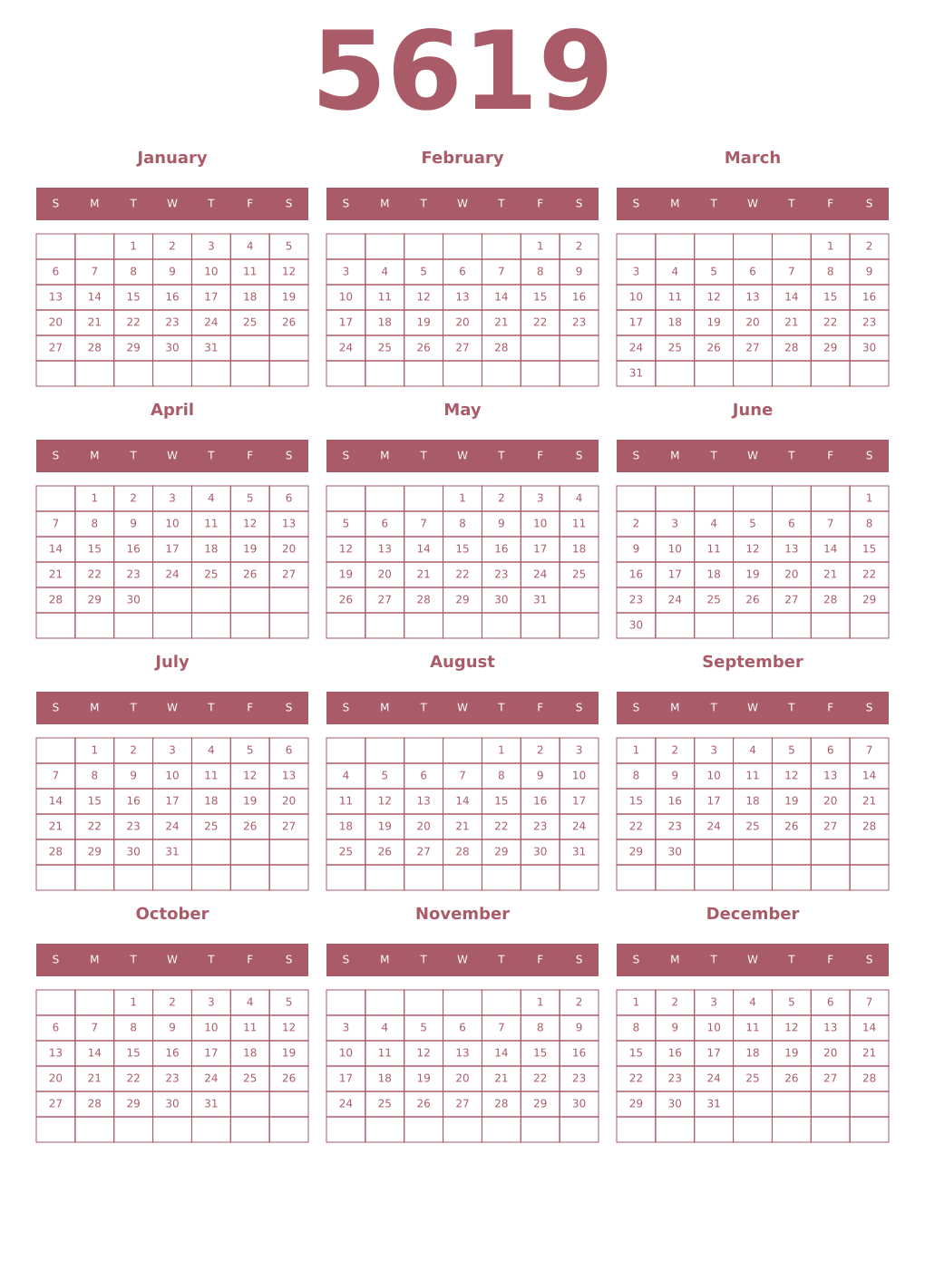 Printable 5619 Year Calendars puce