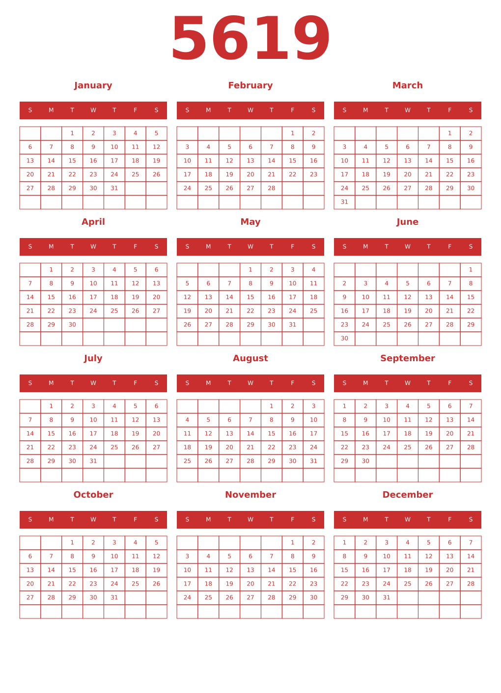 Printable 5619 Year Calendars red