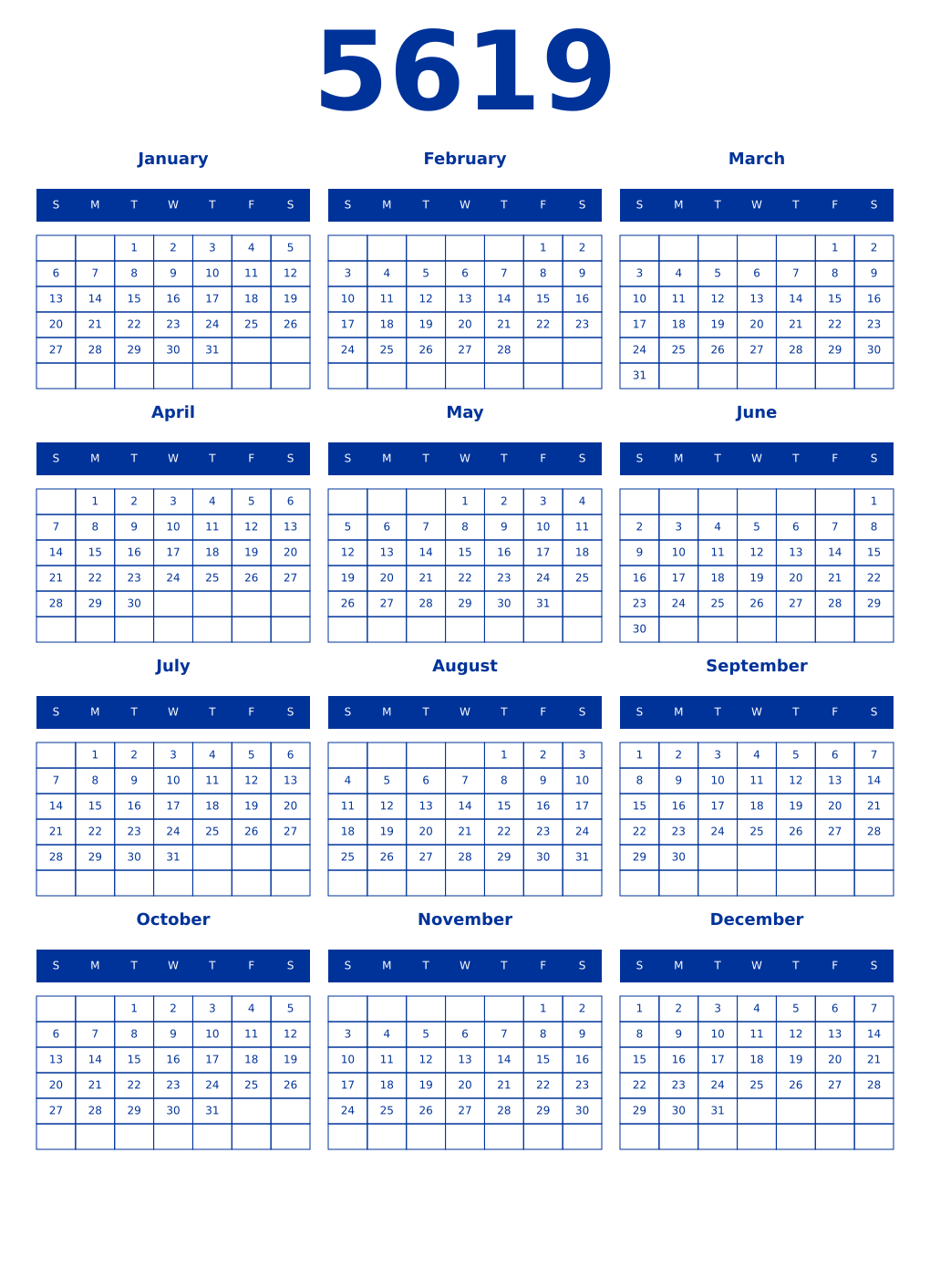 Printable 5619 Year Calendars smalt