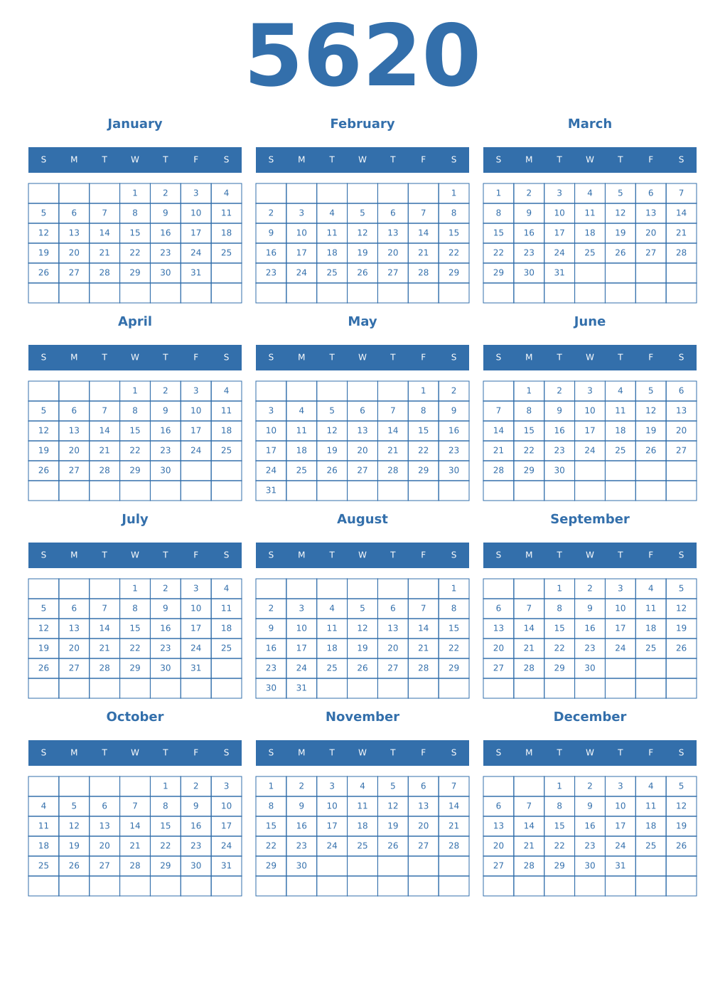 Printable 5620 Year Calendars blue