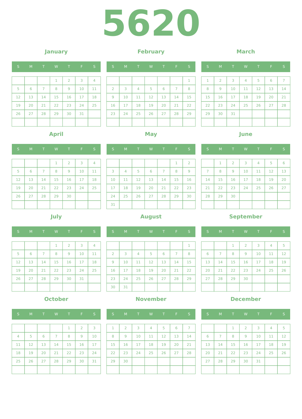 Printable 5620 Year Calendars celadon