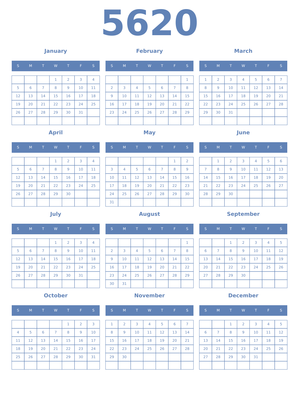 Printable 5620 Year Calendars glaucous