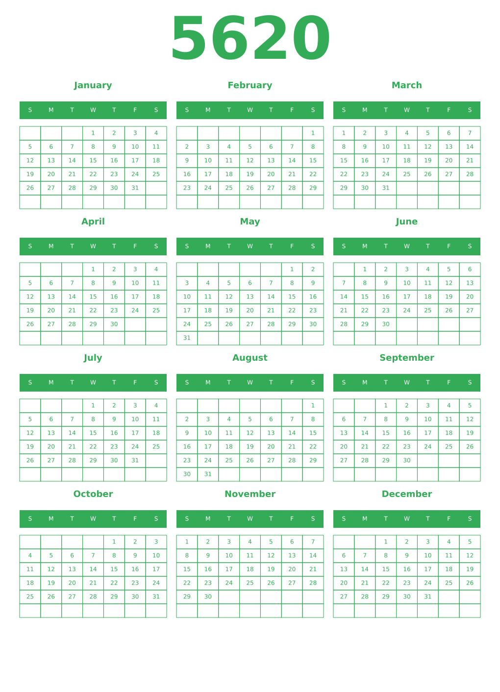 Printable 5620 Year Calendars green