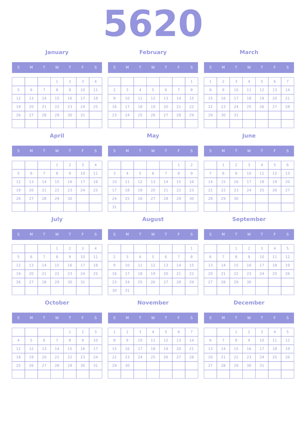 Printable 5620 Year Calendars periwinkle