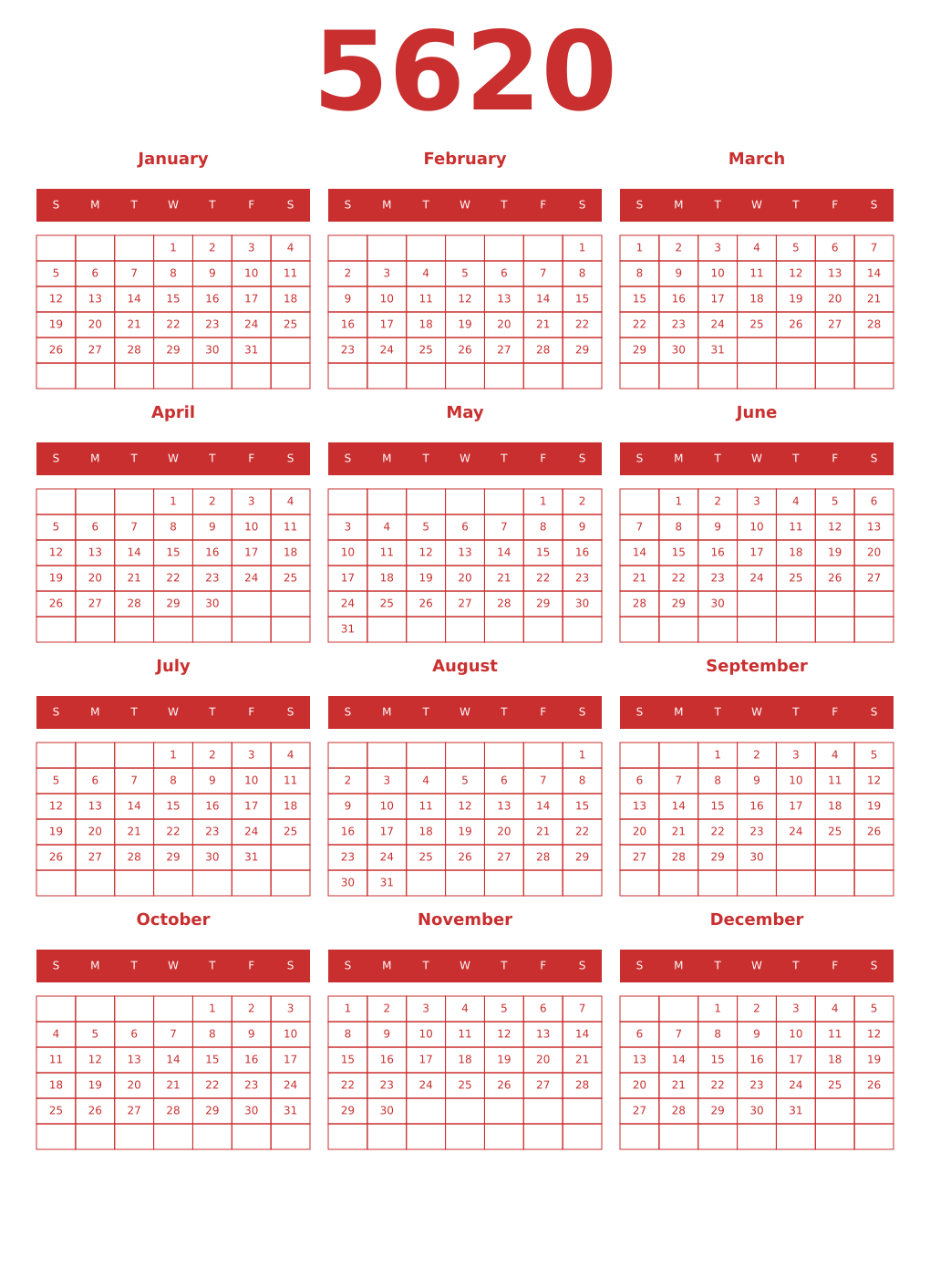 Printable 5620 Year Calendars red