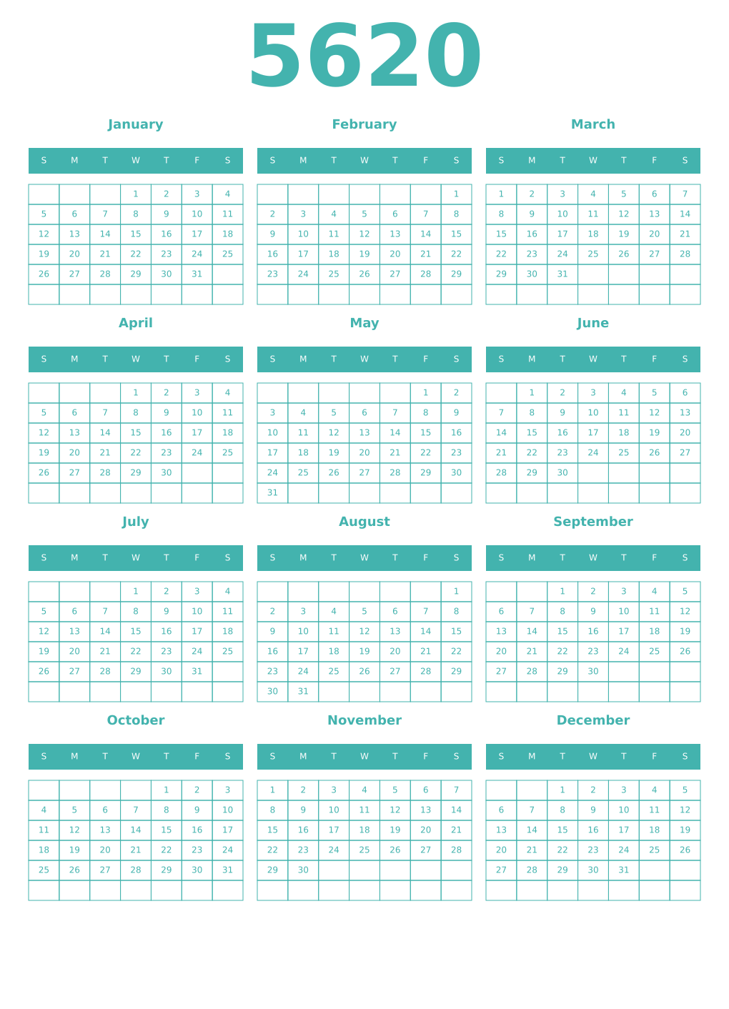 Printable 5620 Year Calendars verdigris