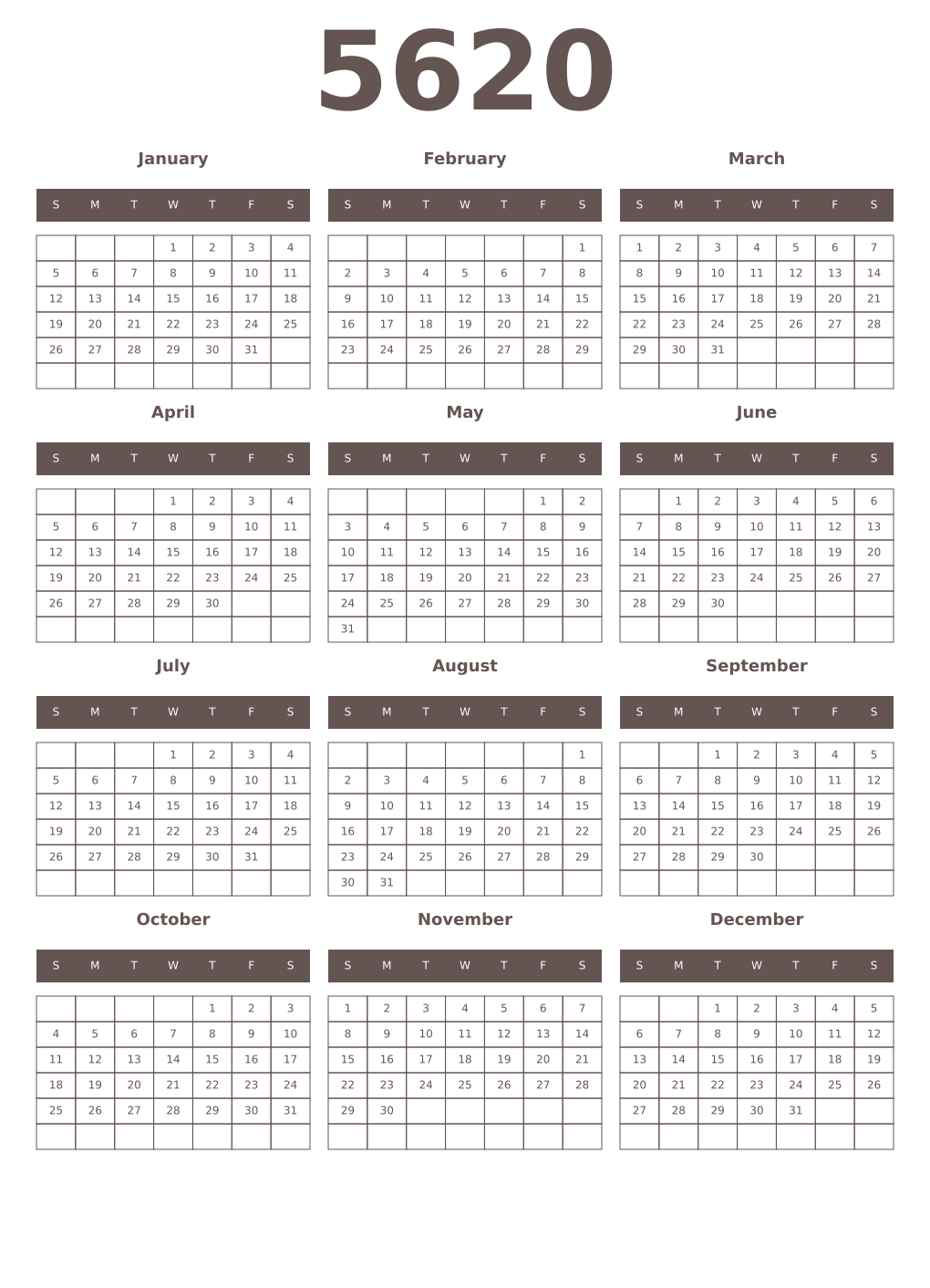 Printable 5620 Year Calendars wenge