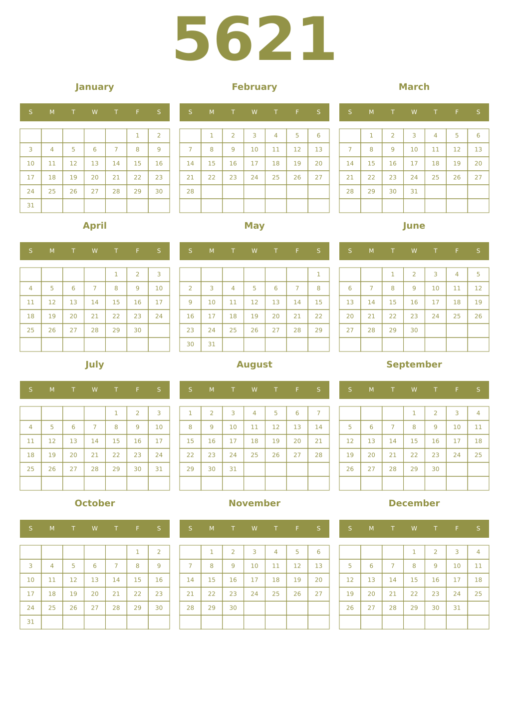 Printable 5621 Year Calendars eburnean