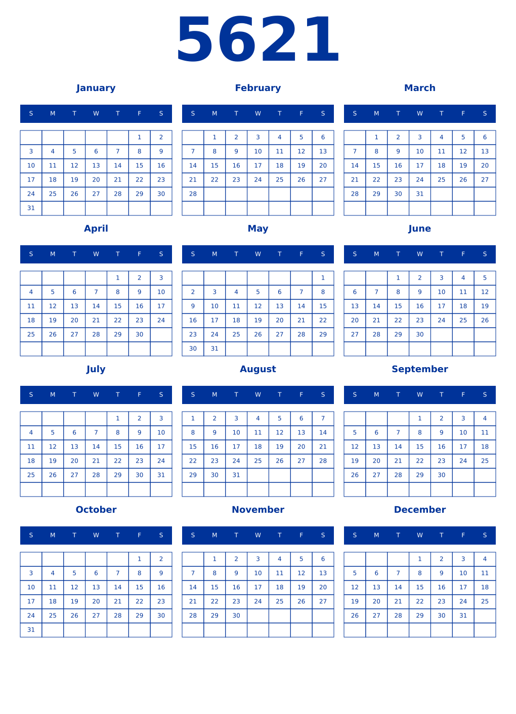 Printable 5621 Year Calendars smalt