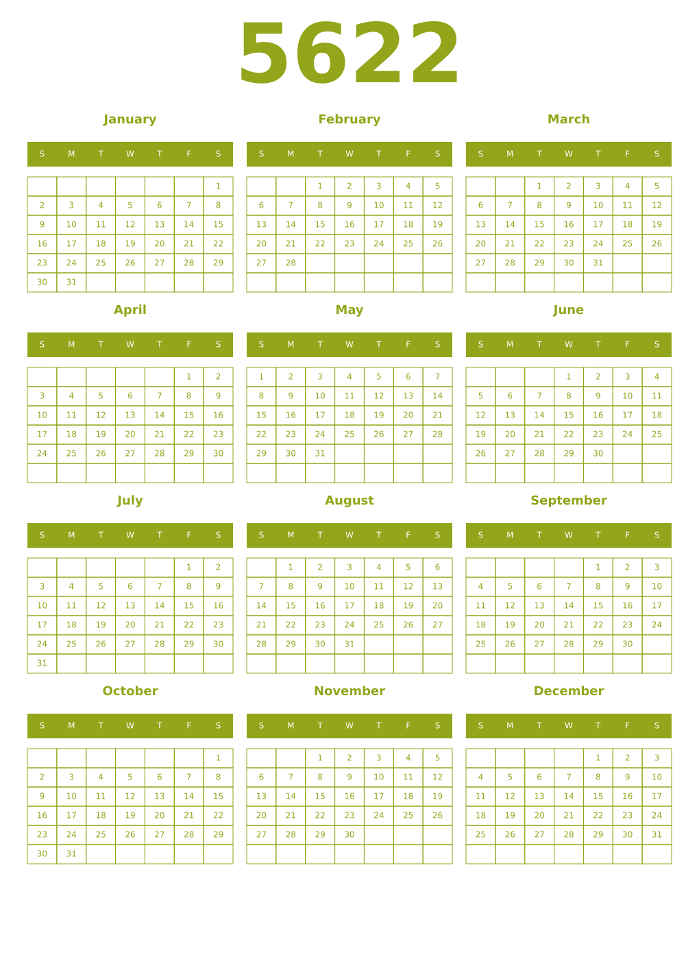 Printable 5622 Year Calendars chartreuse