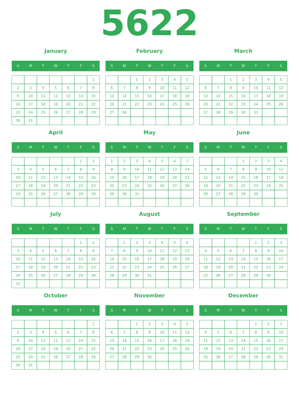 Printable 5622 Year Calendars green