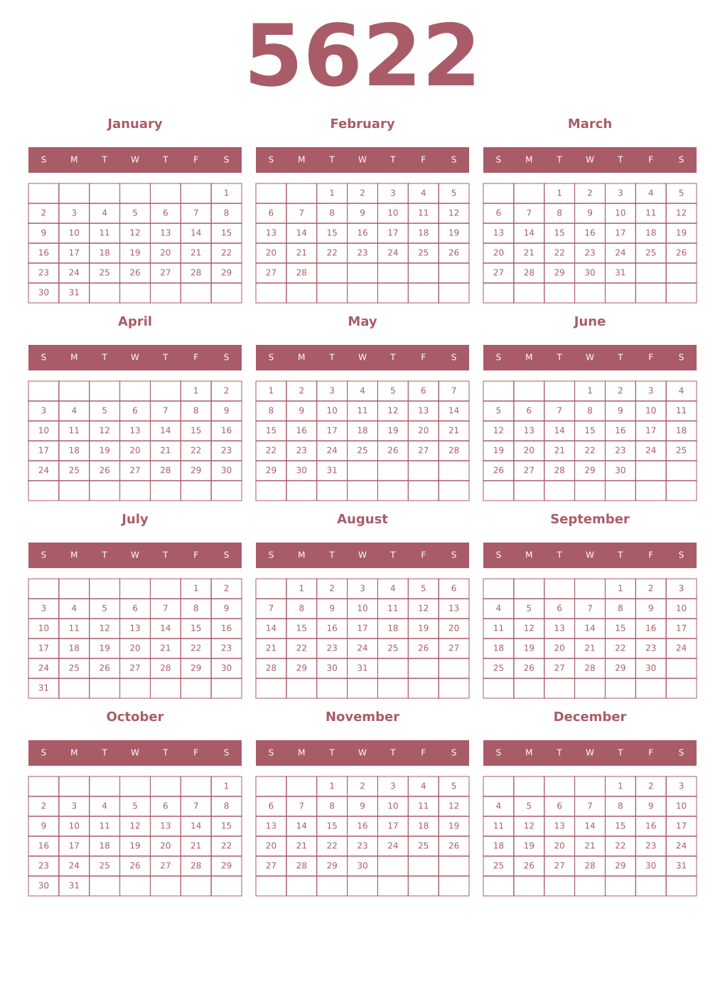 Printable 5622 Year Calendars puce