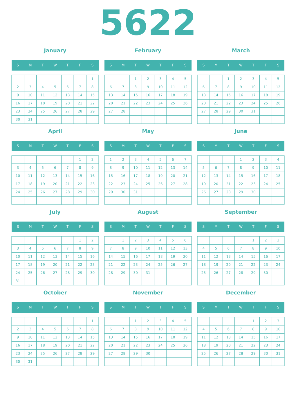 Printable 5622 Year Calendars verdigris