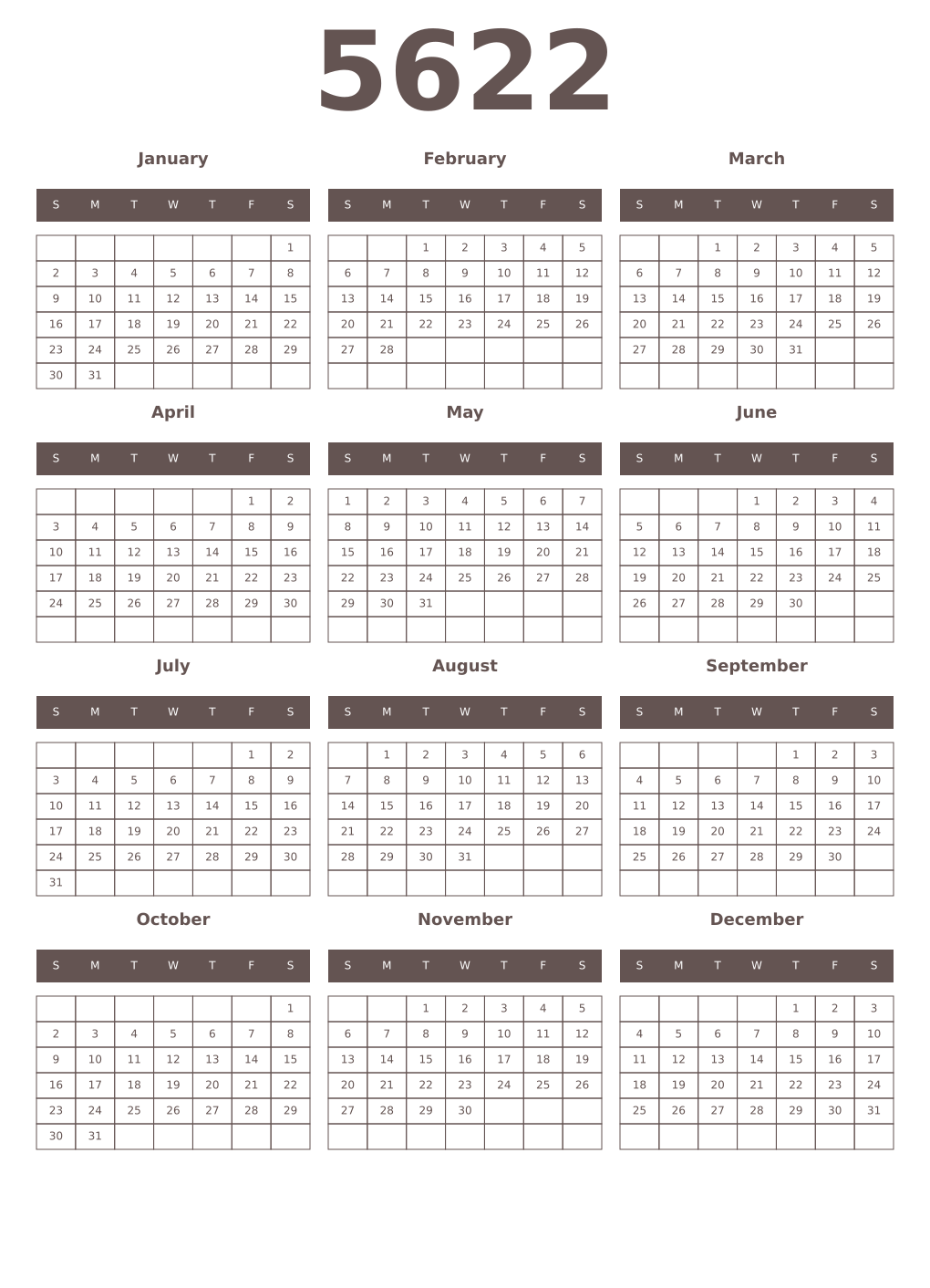 Printable 5622 Year Calendars wenge