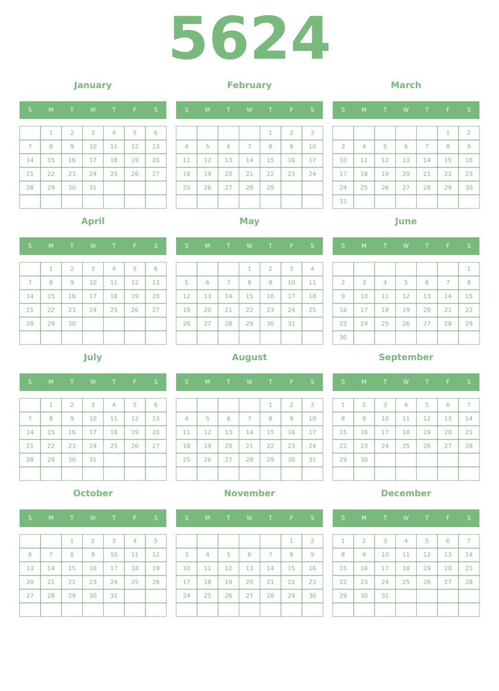 Printable 5624 Year Calendars celadon