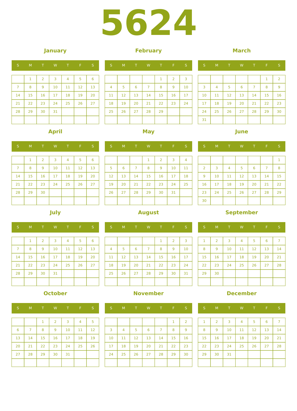 Printable 5624 Year Calendars chartreuse