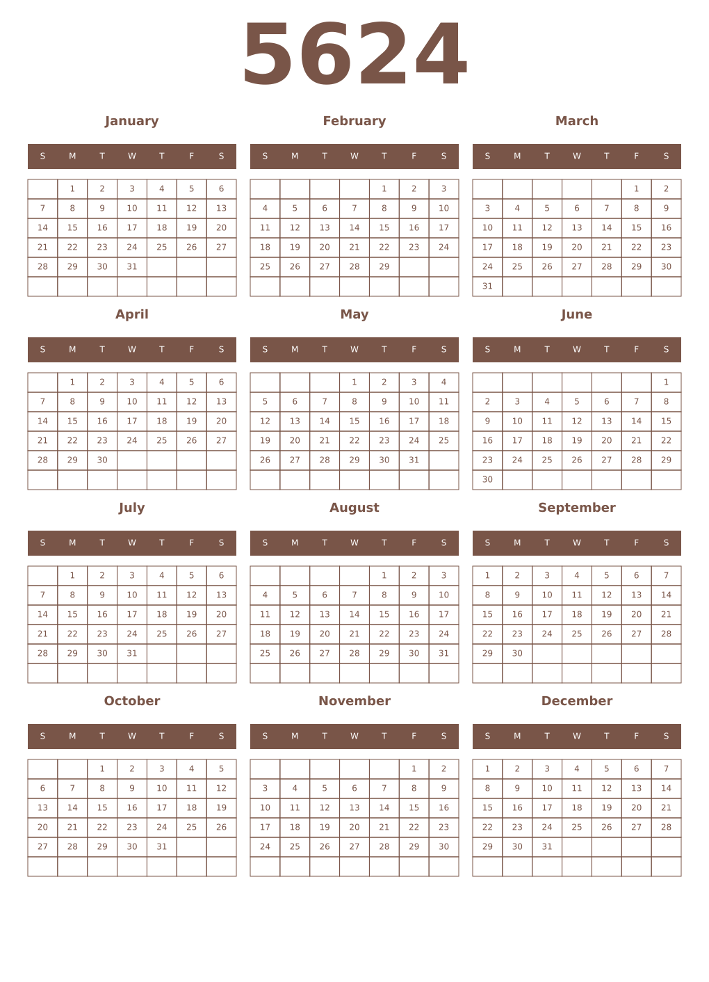 Printable 5624 Year Calendars coffe