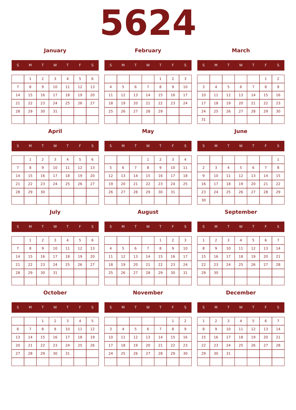 Printable 5624 Year Calendars falu