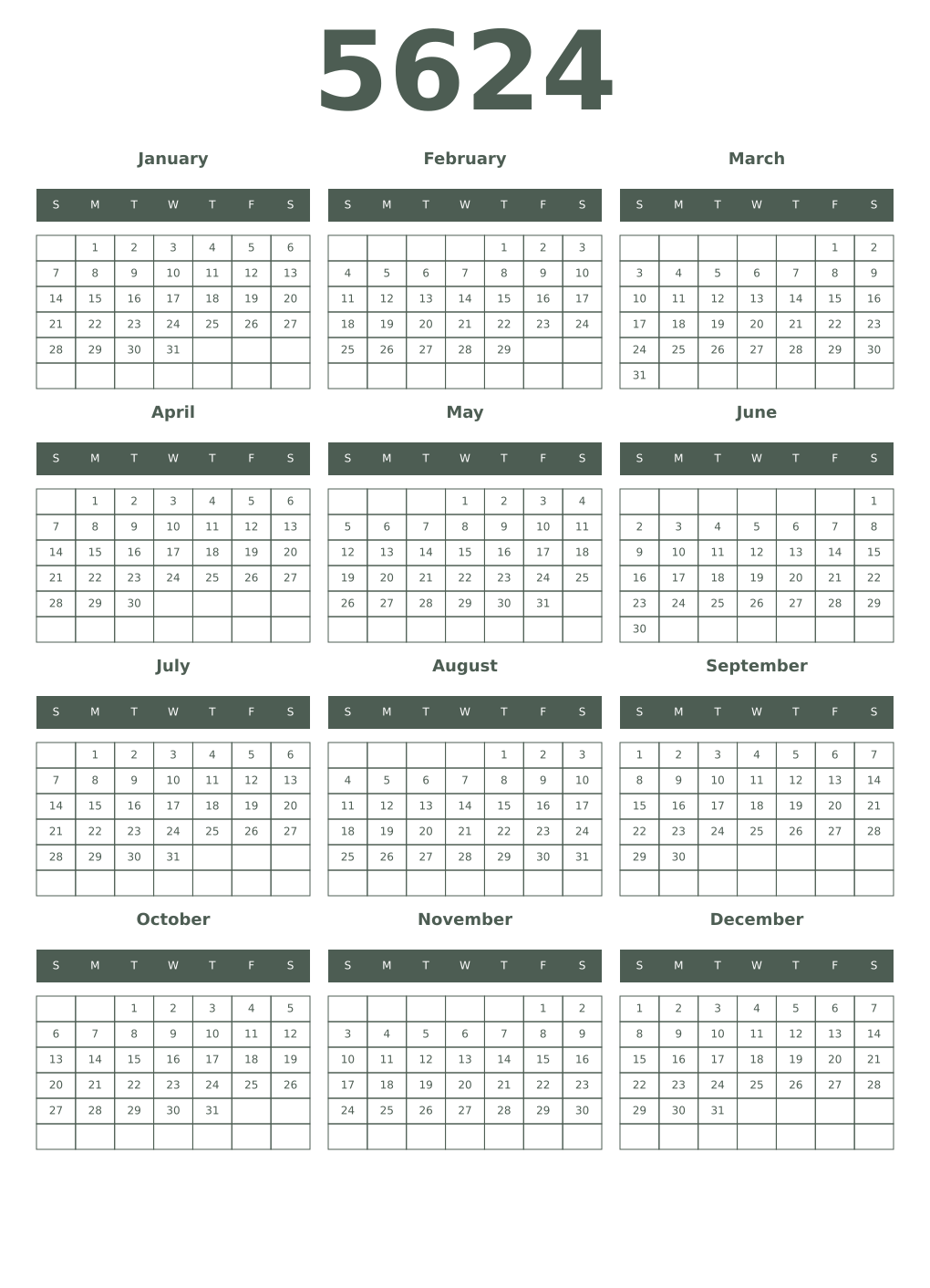 Printable 5624 Year Calendars feldgrau