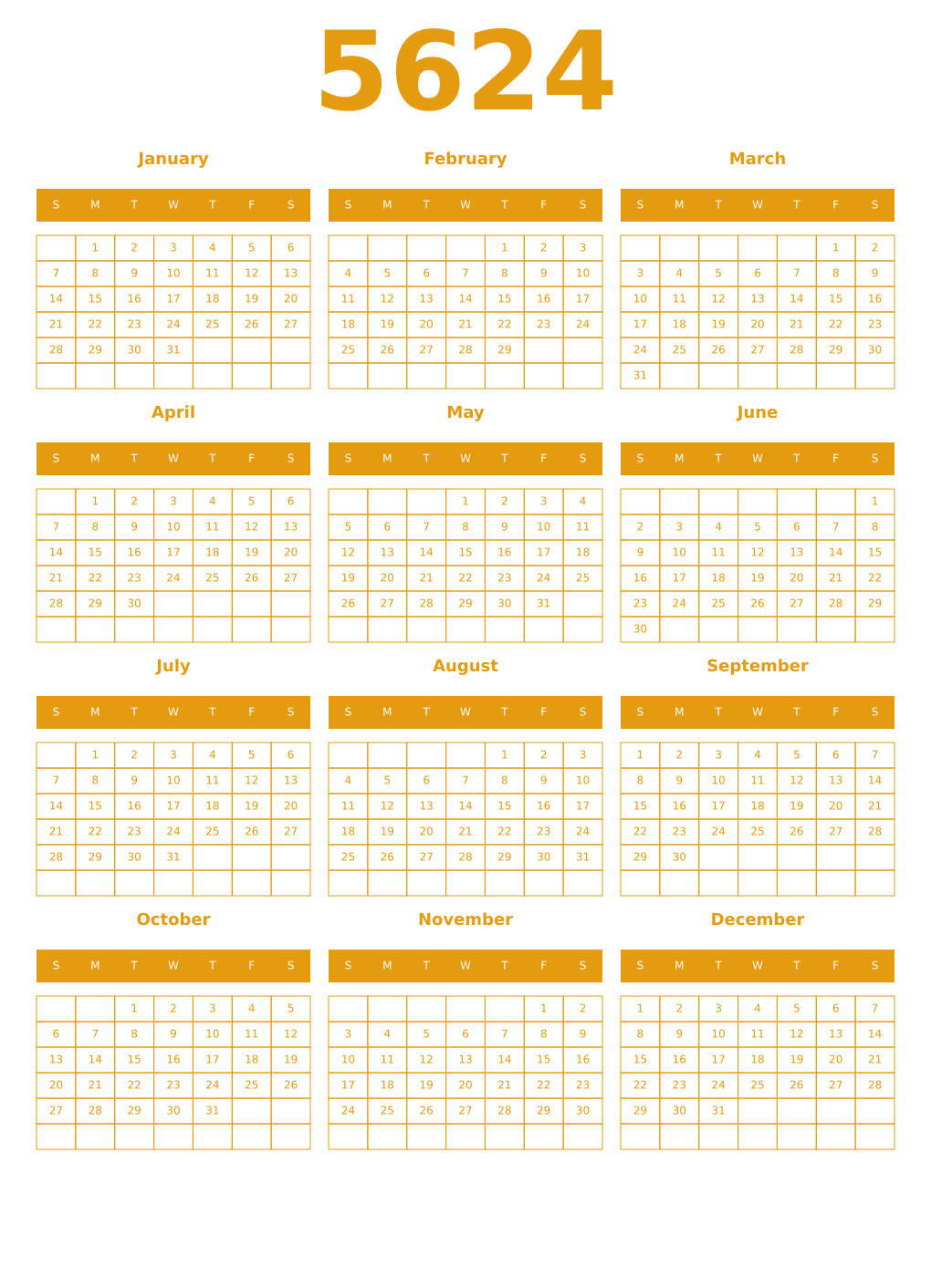 Printable 5624 Year Calendars gamboge