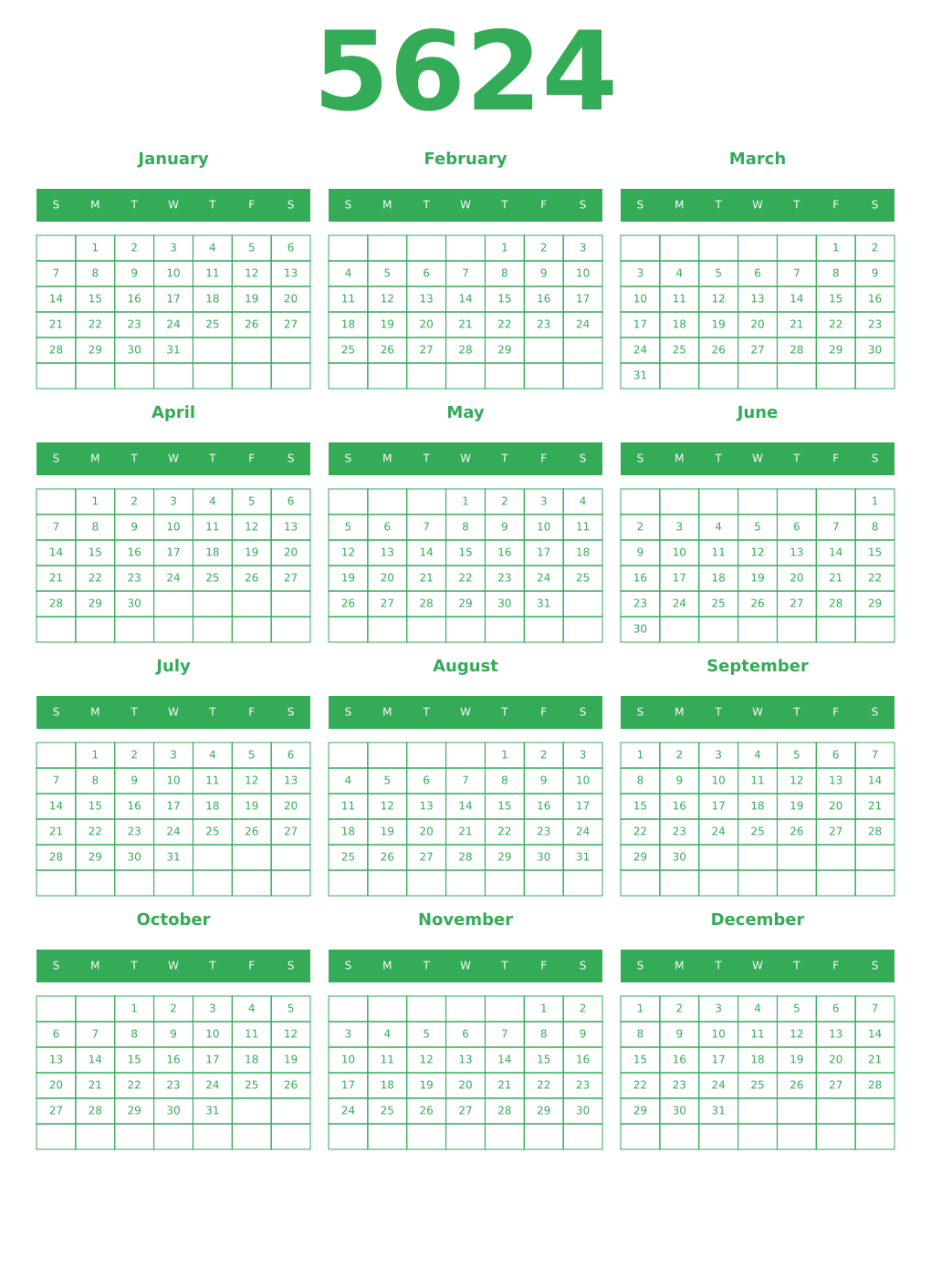 Printable 5624 Year Calendars green