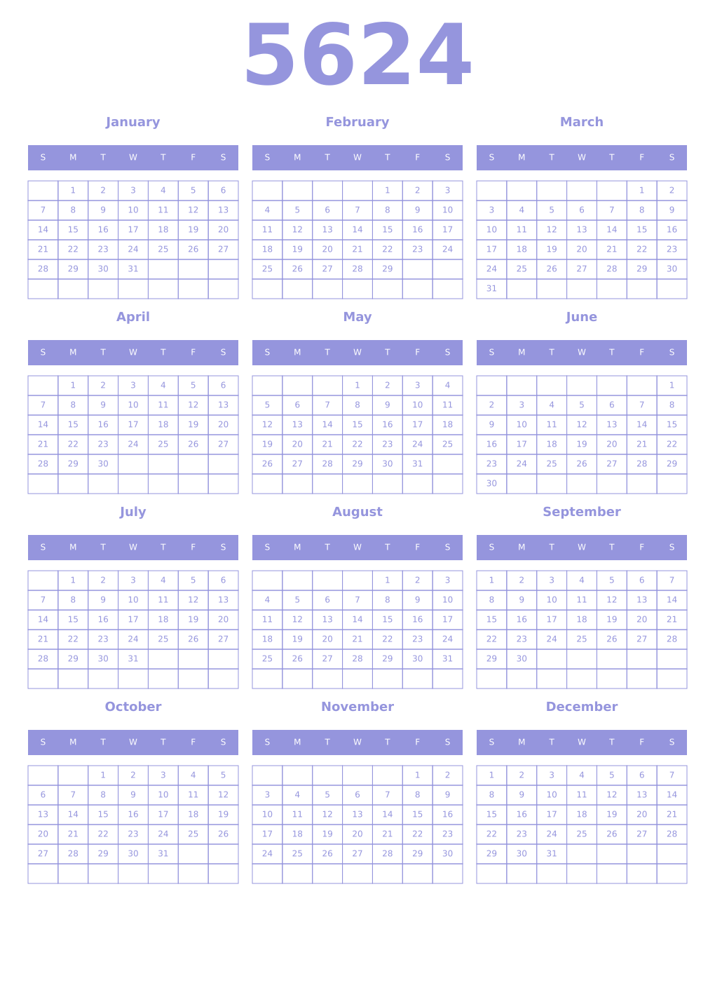 Printable 5624 Year Calendars periwinkle