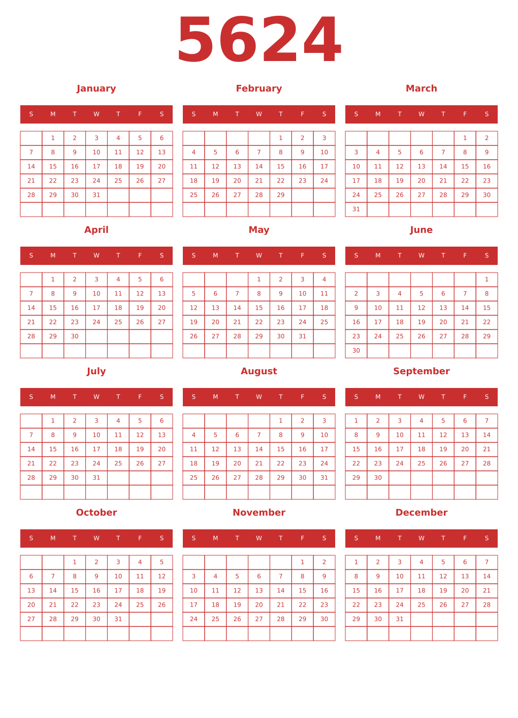 Printable 5624 Year Calendars red