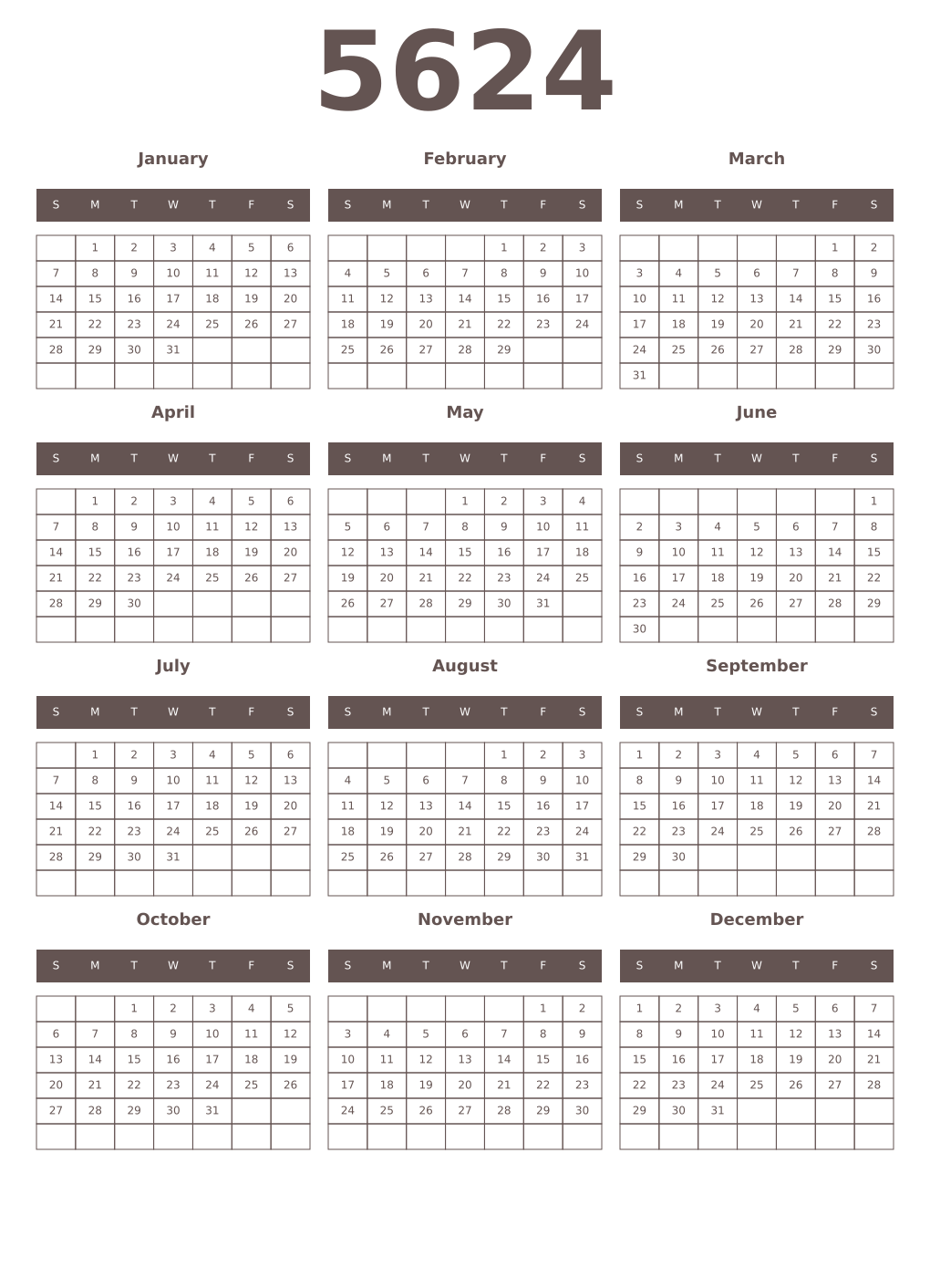 Printable 5624 Year Calendars wenge