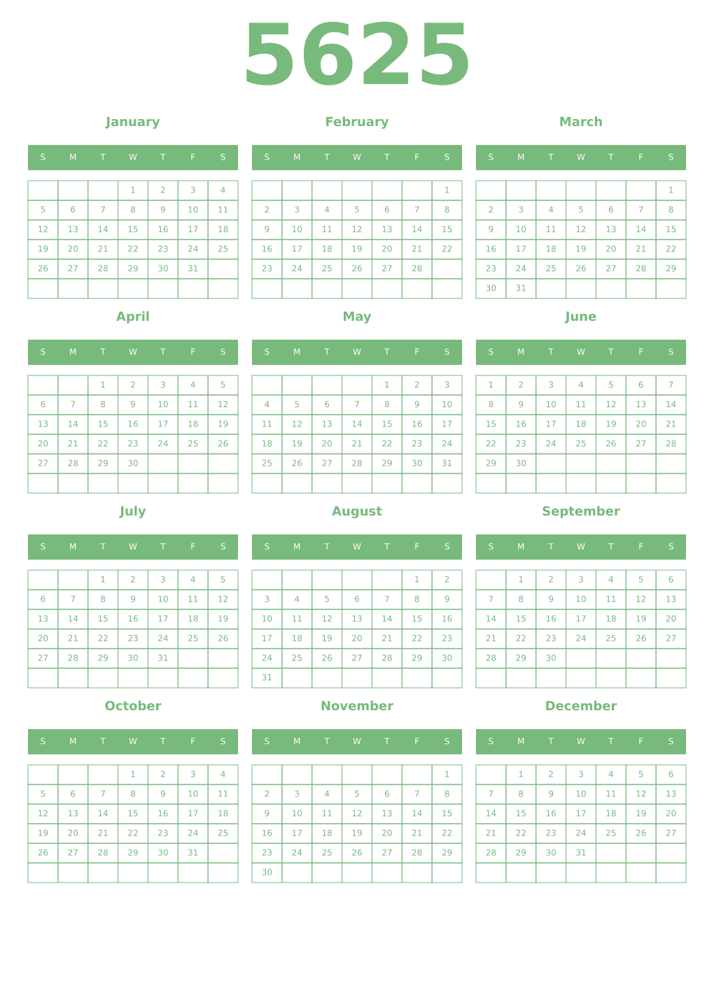 Printable 5625 Year Calendars celadon