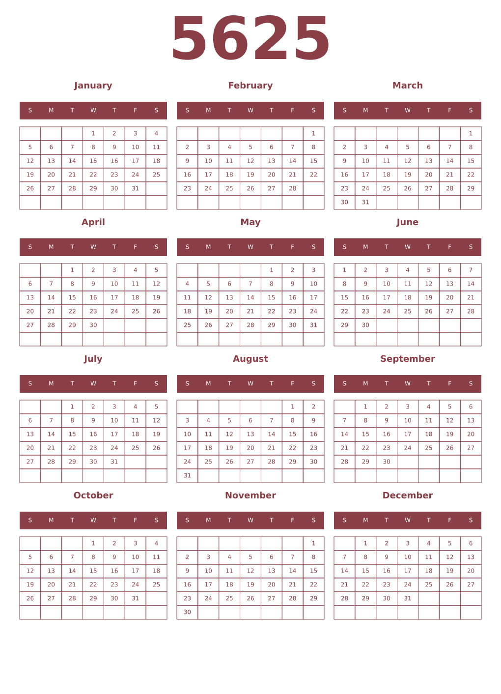 Printable 5625 Year Calendars cordovan