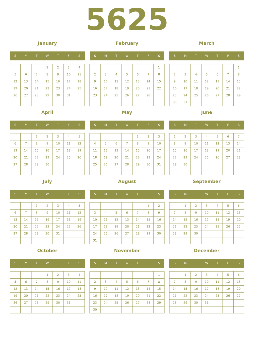 Printable 5625 Year Calendars eburnean