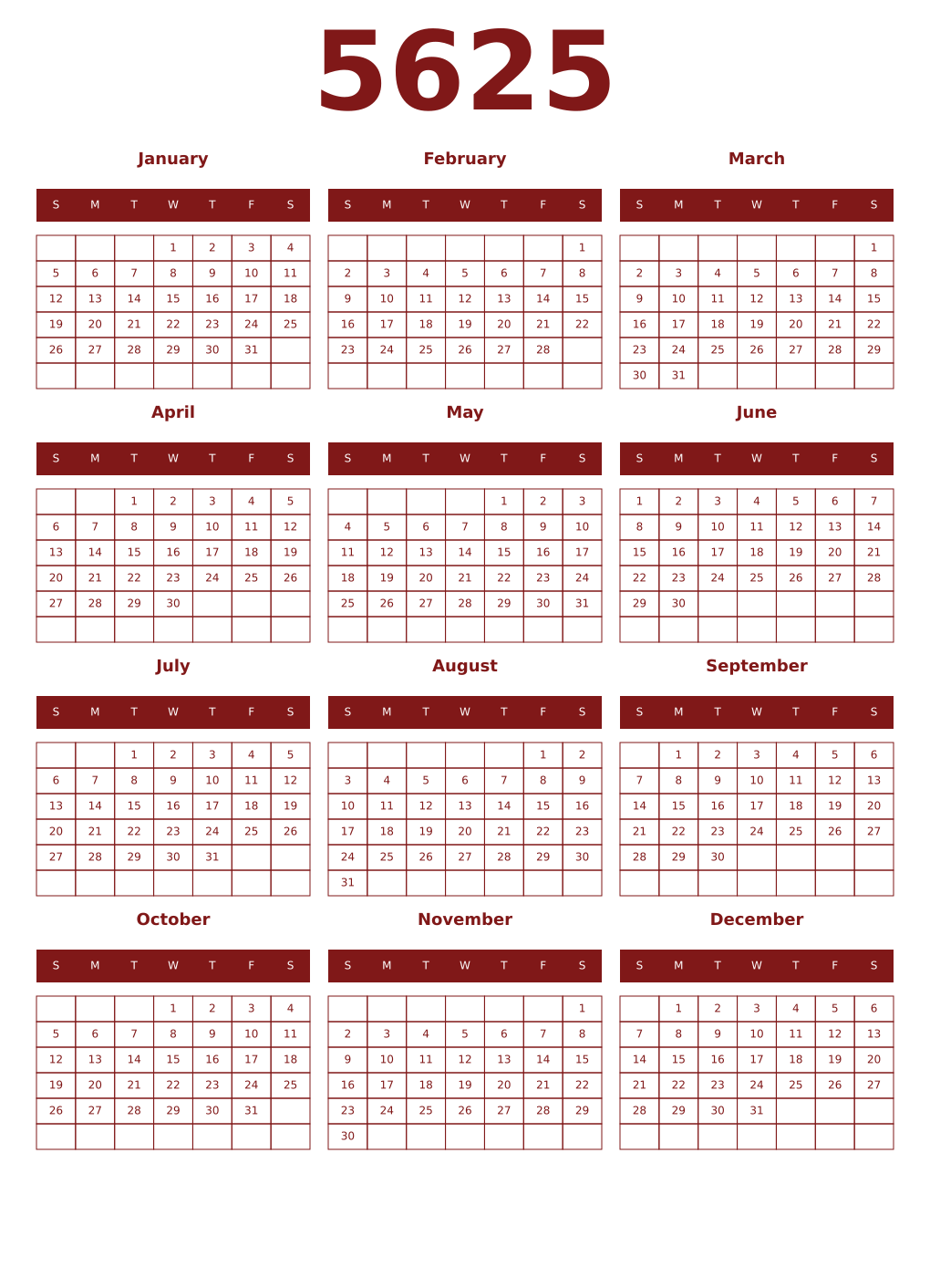 Printable 5625 Year Calendars falu