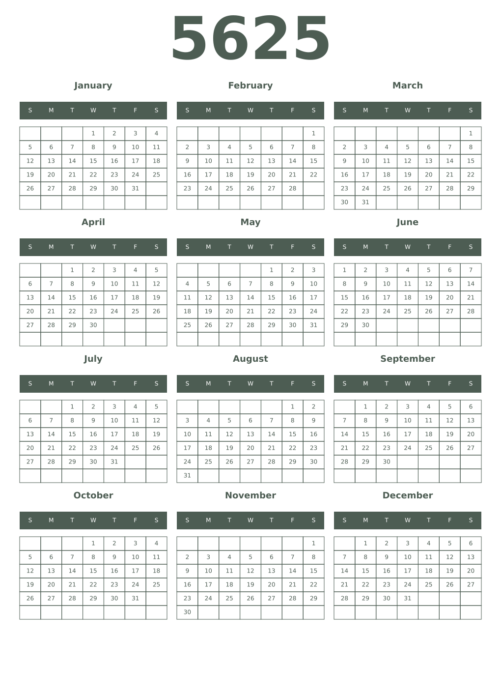 Printable 5625 Year Calendars feldgrau
